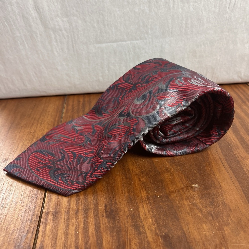 BUGATCHI UOMO Red Silver White Black Leaf Silk Woven Necktie TIE 58"L x 4"W - Picture 2 of 12